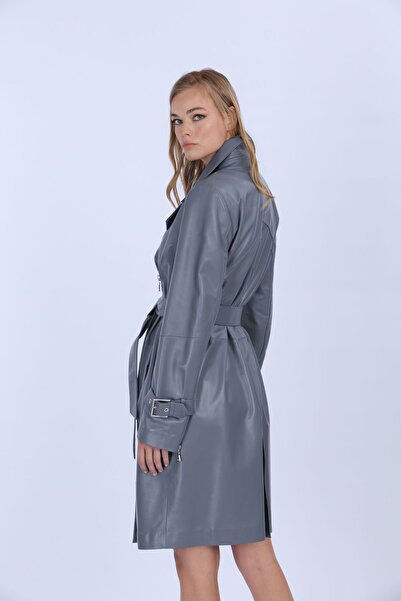 VELLUTON KADIN GRİ HAKİKİ DERİ TRENÇKOT
