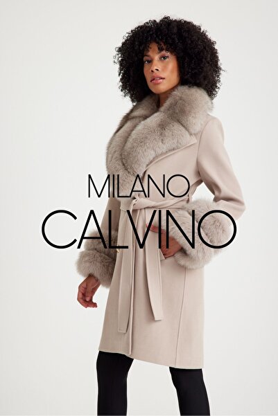Milano Calvino Kürklü Kaşmir Palto ( Krem )