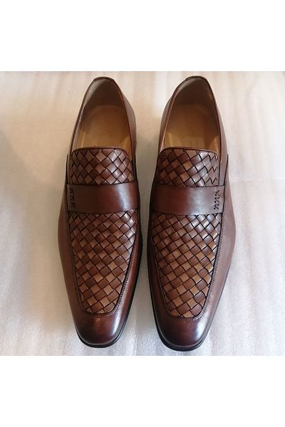 Fosco Men's - Genuine Calf Leather, Brown Antique, Hand Knitted Combination, Neolite Sole Shoes with Bands and Side Elastics
