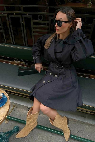 FMN Collection Gabardine Fabric Long Oversize Trench Coat - Bat Sleeve and Belt