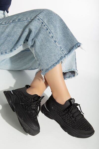 İncim Shine Knitwear - Μαύρο Γυναικείο Sneaker με Πέτρινη Λεπτομέρεια