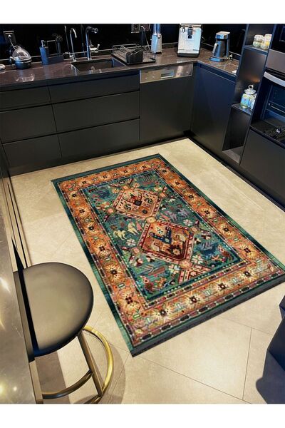 Rugs Modern Halı Alya Collection Orange Border Detailed Green Patterned Woven...