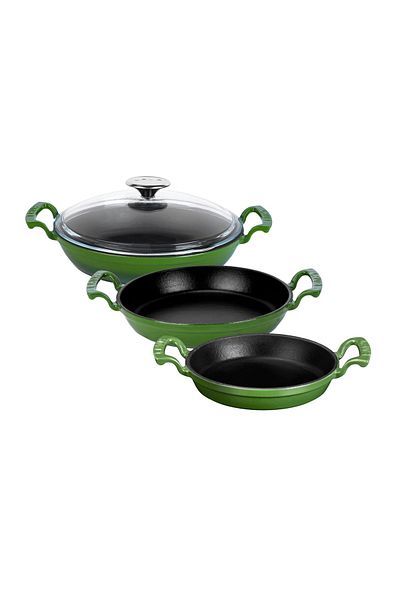 Lava 3-Piece Green Sauce Set with Glass Lid (16 cm - 20 Cm-24Cm)