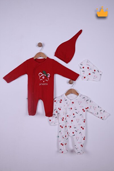 Babyhola 100% Cotton Overalls Set with 2 Pieces of Booties - Cherry Beret Set of 4 23608