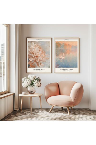 STARYUNA Pastel Colored Double Painting with Wooden Frame Flower Swan Yuna31