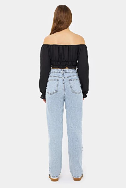 Hiccup Omuzdan Askılı Uzun Kollu ve Pileli Detaylı Keten Crop Top