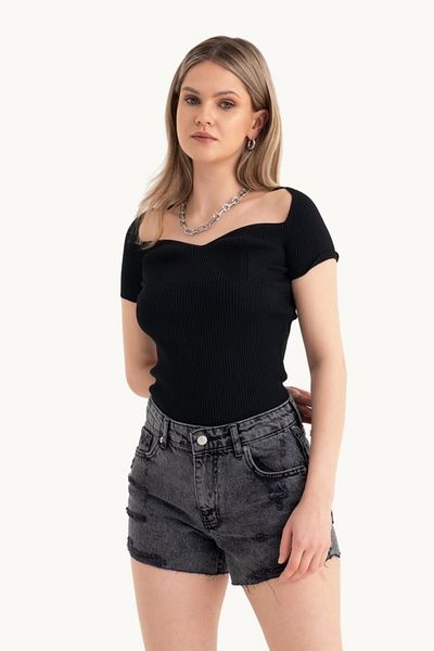 Hiccup Κοντομάνικο Bodycon Top - Υφαντό με γιακά καρδιάς