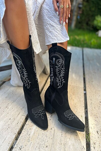 İnan Ayakkabı Kadın Nakış Detaylı Kovboy Çizme (6 cm ) Topuk Boyu