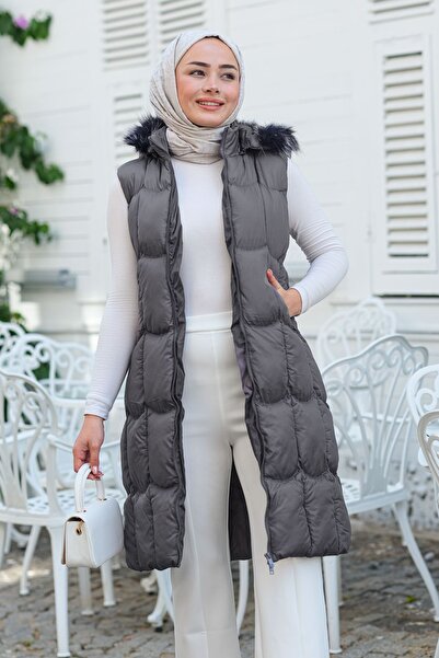 LOCCO Γκρι φουσκωτό γιλέκο με κουκούλα