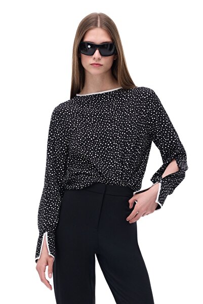 Perspective Μαύρο και άσπρο φόρεμα Abels με πουά - κανονική εφαρμογή, ψεύτικο μανίκι και δεμένο γιακά