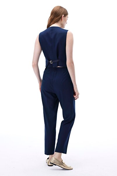 Perspective Navy Colored V-Neck Short Length Striped Patterned Women's Vest - Actors Regular Fit