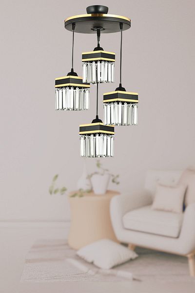SONSUZ AYDINLATMA&AVİZE Infinite 4-Piece Black Pendant Lamp with Crystal Stones and Yellow Stripe Square Downward Facing Luxury Chandelier