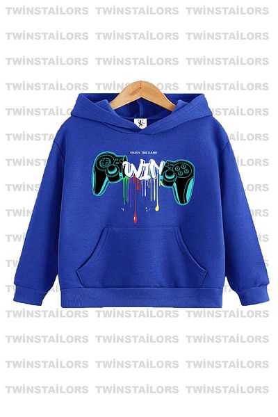 twins tailors Game Console Printed Hooded Unisex Saks Blue Children's Tracksuit Set with Fleece Inside