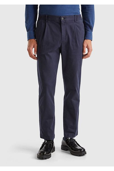 United Colors of Benetton Navy Blue Cotton Blend - Men's Trousers with Side and Back Pocket Detail