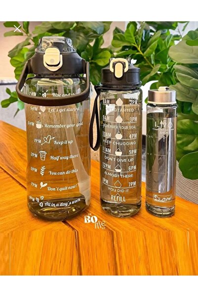 MİMOZA PARK 3 Lü Set Şeffaf Su Matarası Şişesi Suluk 2 Lt 900ml 600ml Spor Salonu Su Şişesi Çizelgeli