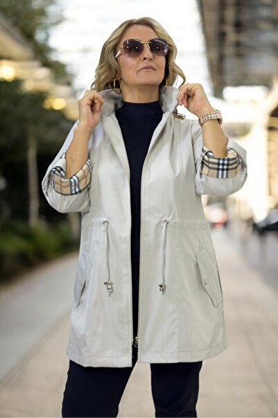 yagmurberen Plus Size - Foldable Sleeve and Hooded Bonded Trench Coat
