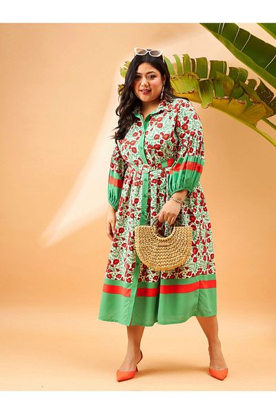 Sassafras By Styli Plus Floral Print Belted Shirt Midi Dress
