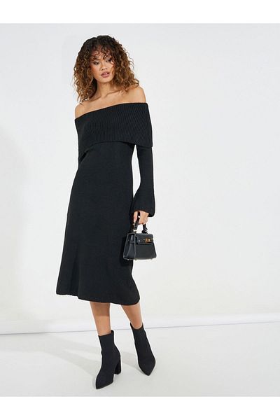 Styli Off Shoulder Knit Sweater Midi Dress