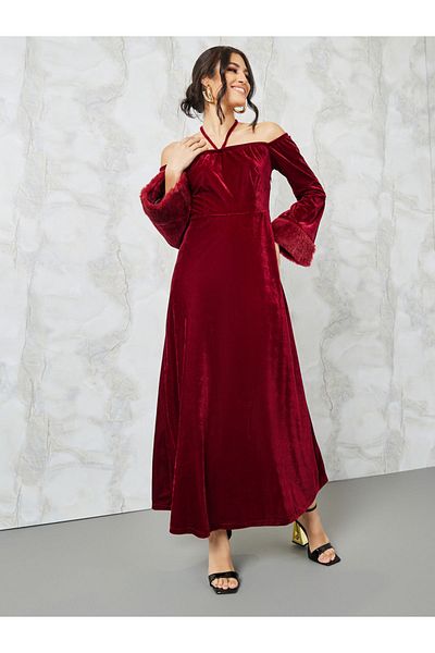 Styli Faux Fur Trim Velvet A-Line Maxi Dress