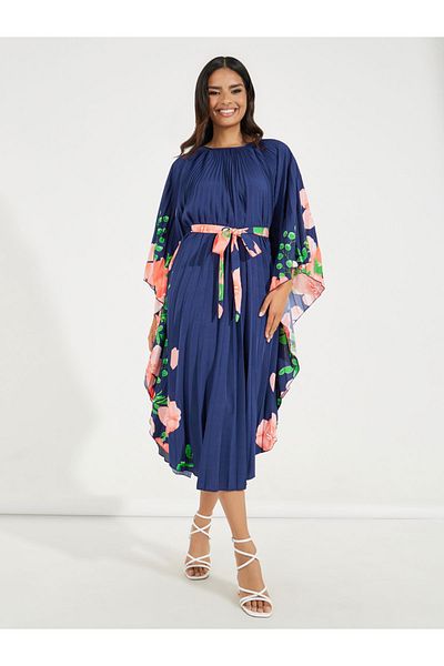 Styli Floral Print Pleated A-Line Midi Dress
