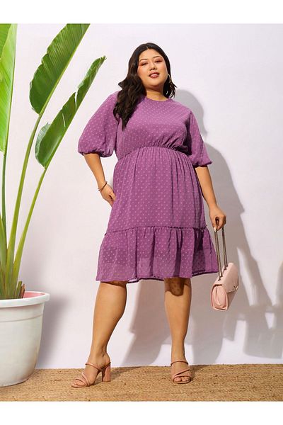 Sassafras By Styli Plus Dobby Round Neck A-Line Midi Dress