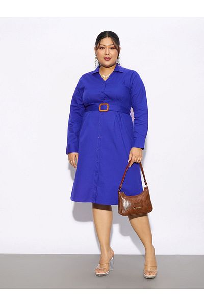 Sassafras By Styli Plus Collared Poplin Belted Shirt Dress