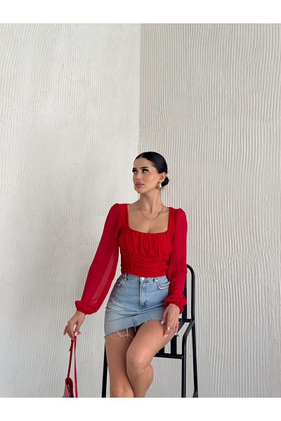 ELBEY Long Sleeve Chiffon Blouse - Gather Detailed