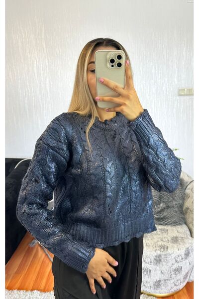 SHINE STYLE Varaklı Triko Lacivert
