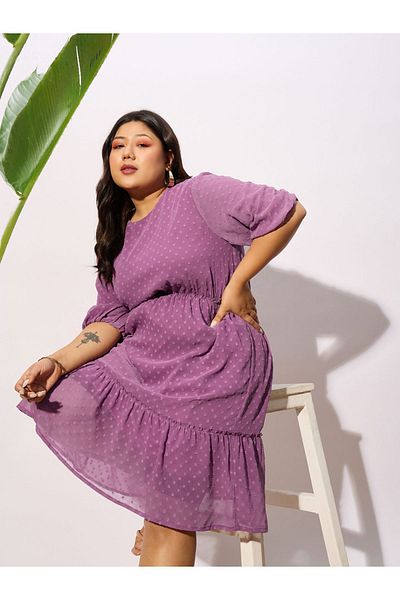 Sassafras By Styli Plus Dobby Round Neck A-Line Midi Dress