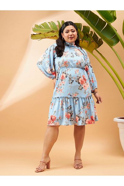 Sassafras By Styli Plus Floral Print Tiered Skater Dress
