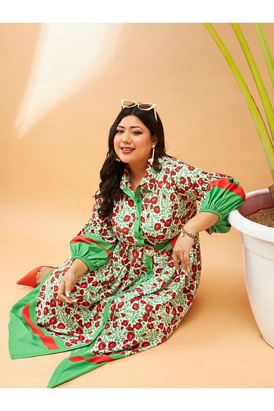 Sassafras By Styli Plus Floral Print Belted Shirt Midi Dress