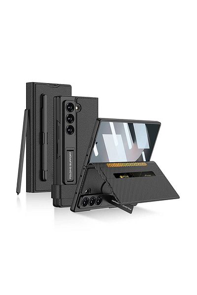 Cleo Cases Galaxy Z Fold 6 Faux Leather Design with Pen Compartment Zore Kipta Card Holder Stand Cover-Black Litchi