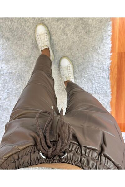 SHINE STYLE بنطلون بني مرير من الجلد برباط على الخصر