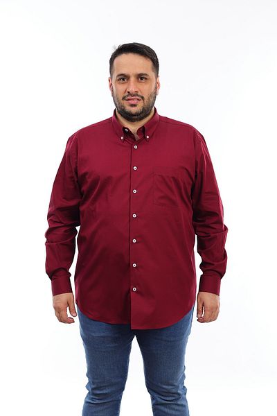 TOUSUS Men's Large Size Claret Red Cotton Buttoned Collar Pocket Long Sleeve Shirt (6651)