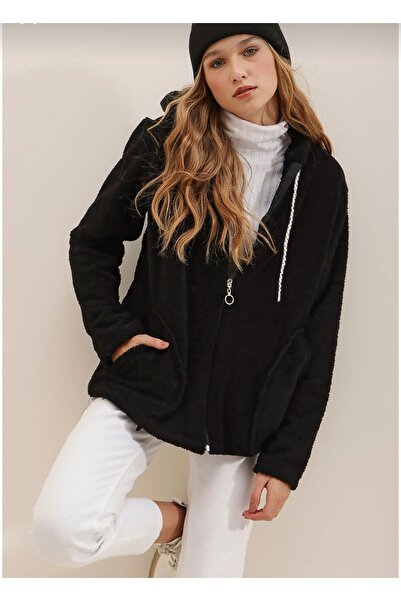 machiavelli Women's Oversize Plush Sweatshirt - Black, Hooded, Zippered and D...