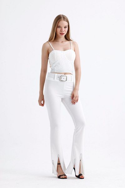 Sense White Belted Stone Detailed Evening Dress Trousers - Pnt35061