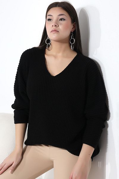 Devinka Pulover de damă negru cu decolteu în V Thessaloniki tricot supradimensionat