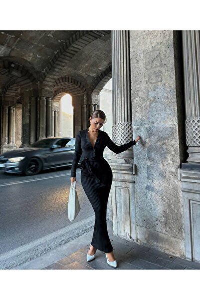 Lyuba Rochie de damă, cu decolteu în V, cu nasturi, tricotaje midi - cu curea