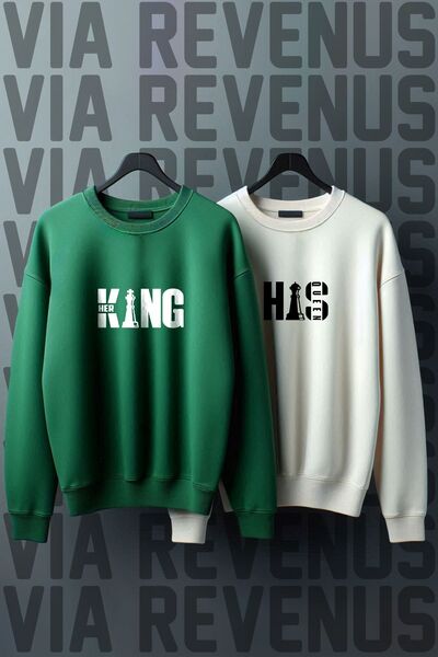 Vordevia طباعة Her King His Queen - سويت شيرت ذو قصة واسعة، 3 خيوط، رقبة دائرية