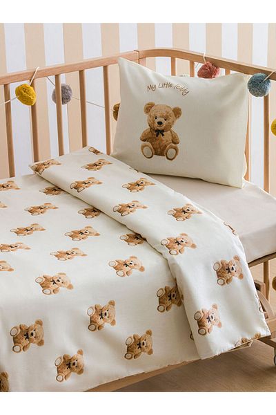 LC Waikiki Teddy Printed Ecru Baby Duvet Cover Set - 100% Cotton, 100X150