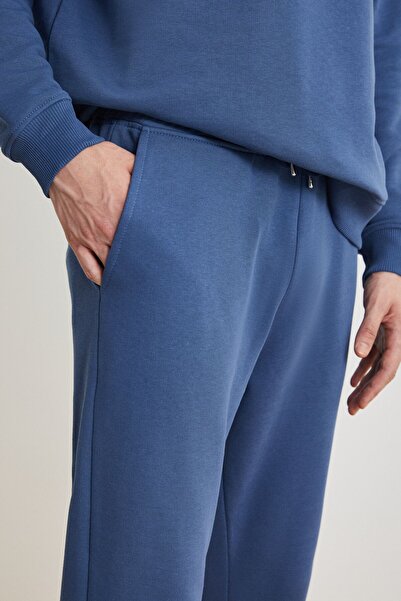 GRIMELANGE Walfred Men's 100% Organic Cotton 3 Thread Ribbed Free Front Ribbed Navy Blue Sweatpants