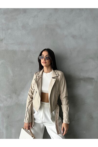 ALINTERYY سترة نسائية بحزام من الجلد باللون البيج