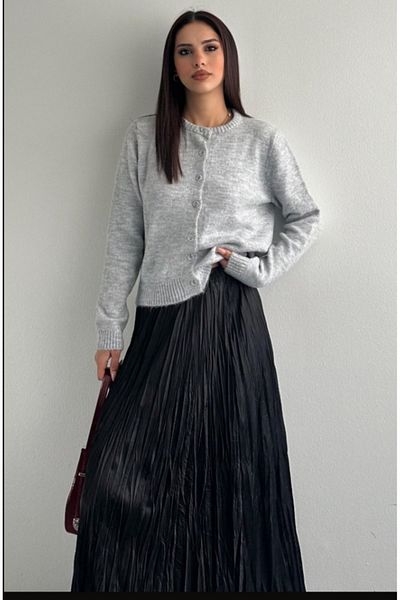 fujya Women's Crew Neck Raised Gray Knitwear Cardigan