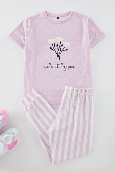 TRENDYOLKIDS Lila női gyermek virágos nyomott pizsama szett kötött alsó-felső szett TKDAW25AU00127