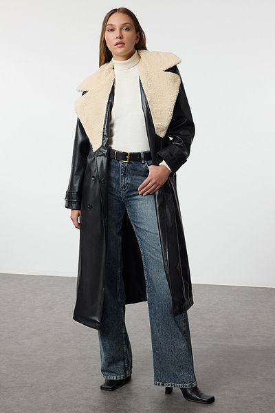 Trendyol Collection Plush Collar Oversize Faux Leather Trench Coat - Twoaw25Tr00026