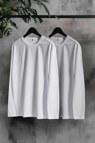 Edit by Trendyol Pack of 2 White 100% Cotton Slim Fit Men's Long Sleeve T-Shirts - Tedaw25Ts00009