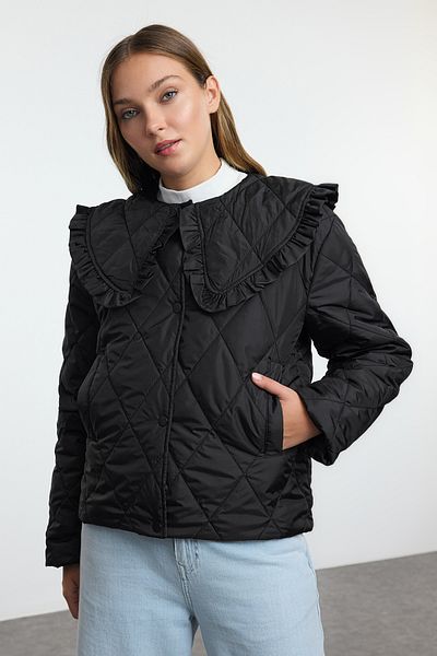 Trendyol Collection Palton matlasat negru cu guler supradimensionat - TWOAW25MO00191