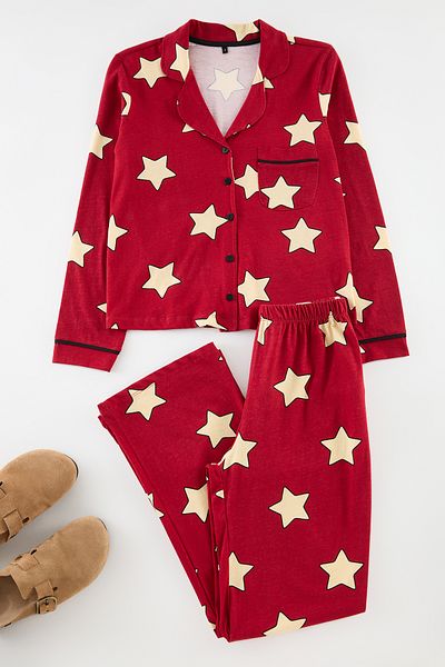 Trendyol Collection Set pijamale tricotate cu model stea, 100% bumbac, roșu Claret THMAW21PT0456