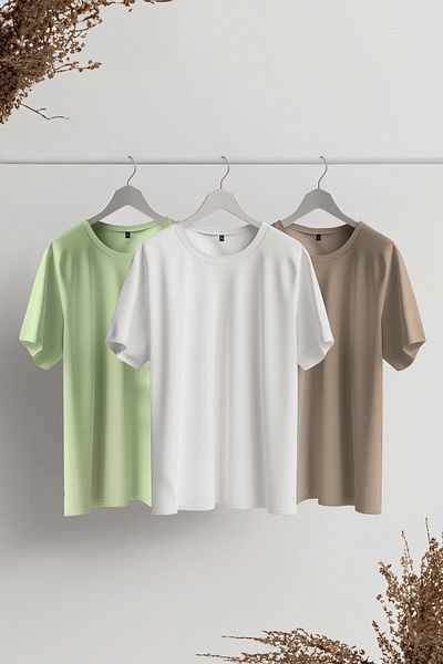Trendyol Collection Mink-Light Green-White Slim/Slim Fit Crew nyakú 100% pamut 3 csomagos pólók TMNSS19BO0007