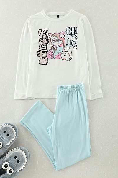 TRENDYOLKIDS Ecru Mädchen-Pyjama-Set mit bedrucktem Oberteil und gestricktem Unterteil TKDAW25AU00129
